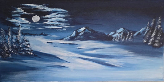 Painting of a snowy landscape with mountains and a full moon.